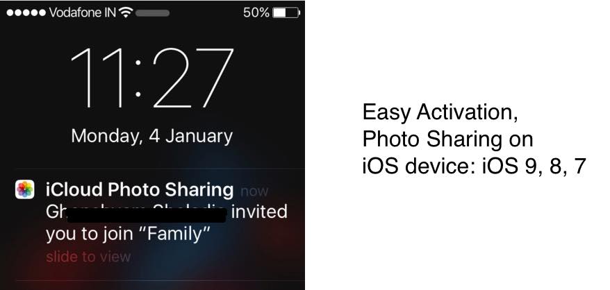 turn on photo sharing on iPhone running on iOS 9 or 8