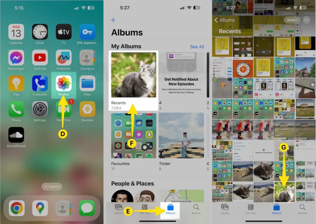 Open Photos App Tap Albums Select Recents Folder See the Saved Gif on iPhone